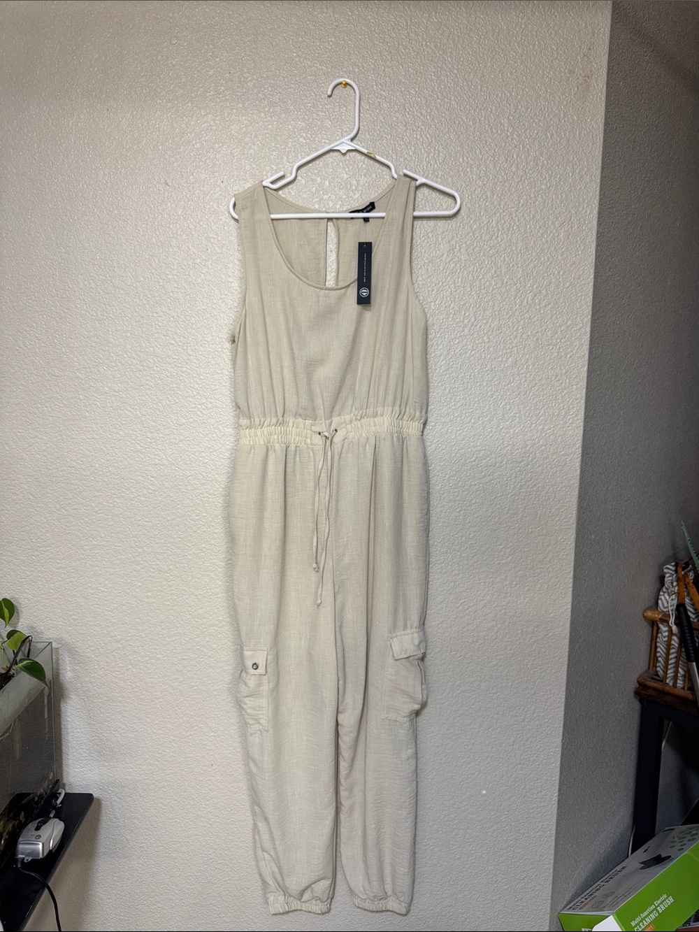As U Wish Cream Sleeveless Utility Jumpsuit with Drawstring